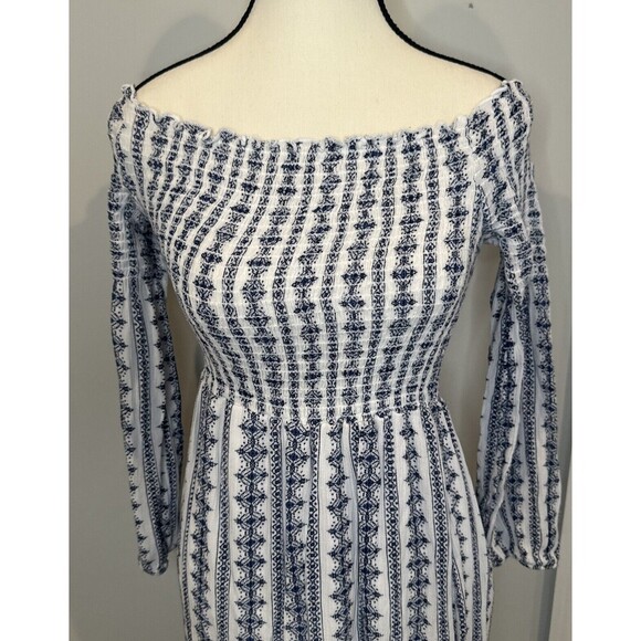 Altard State WHITE BLUE Rayon Maxi Dress Cinch Top Off Shoulder Slit Sz Med - Picture 2 of 9